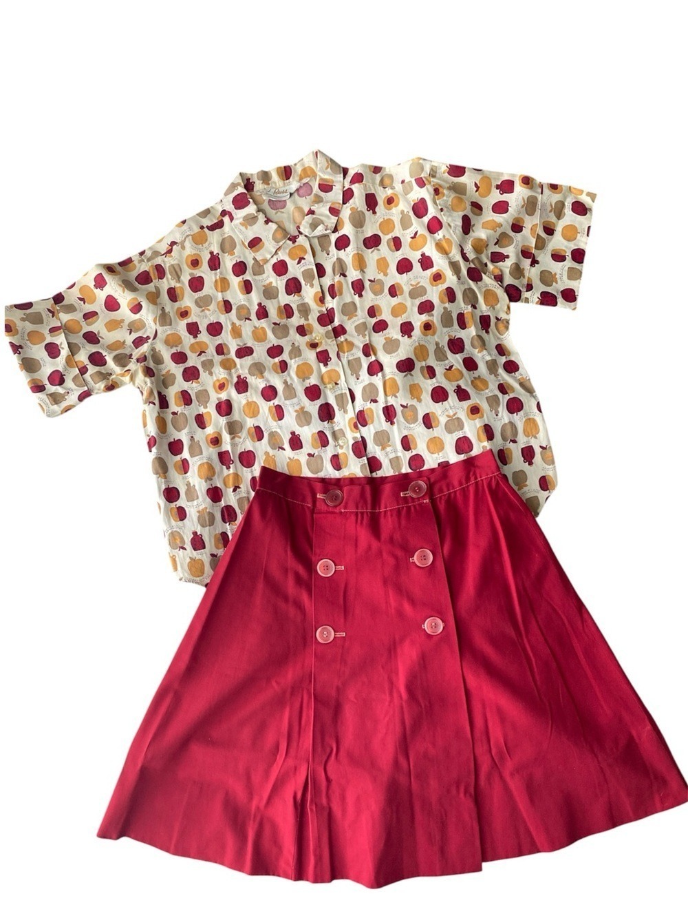 Russ vintage 60’s Red A-Line Skirt with Apple Printed Button-Up Top
